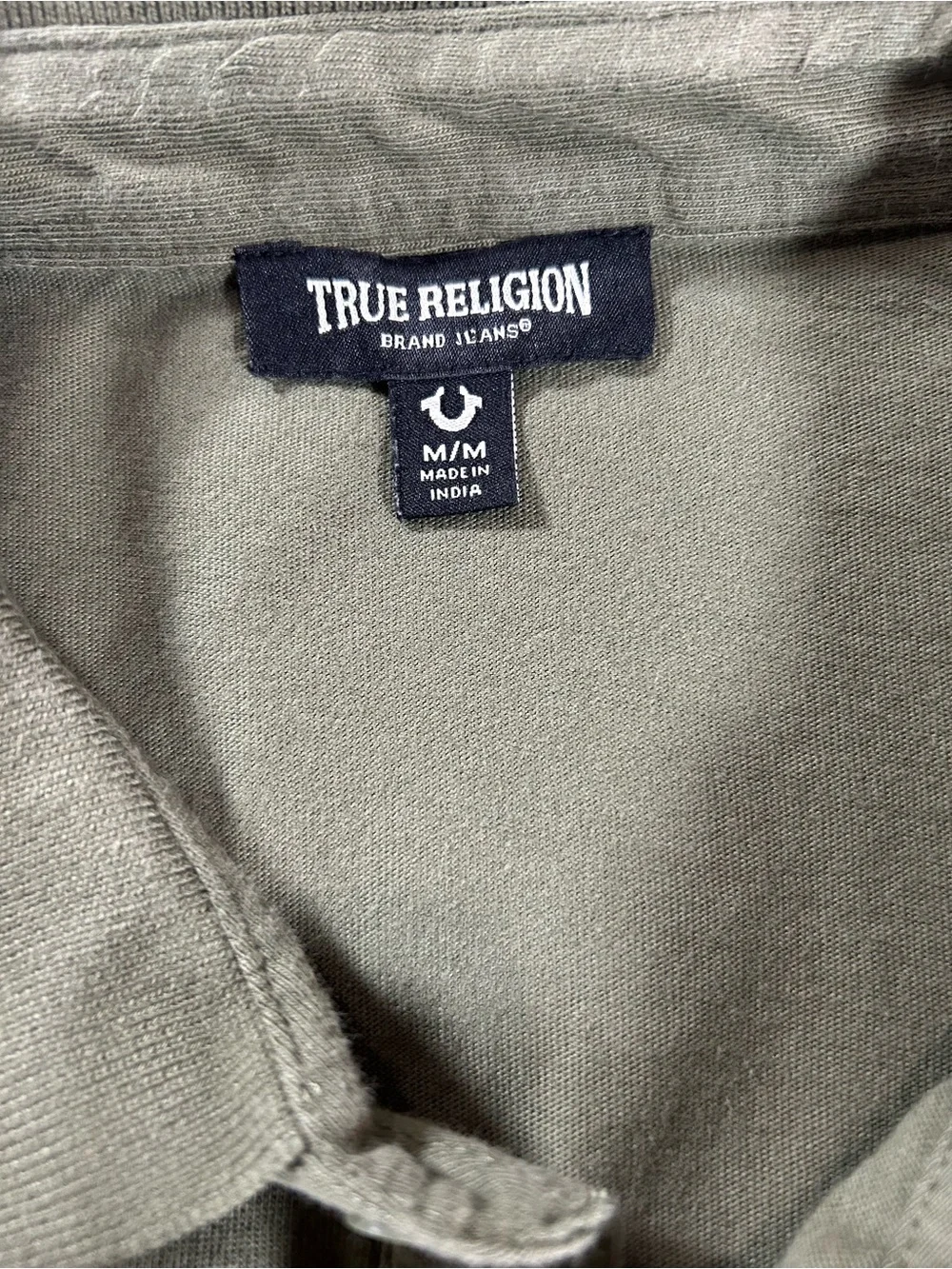 True Religion Men's Polo Shirt M Olive Green TR Logo Trim Relaxed Fit Grunge
